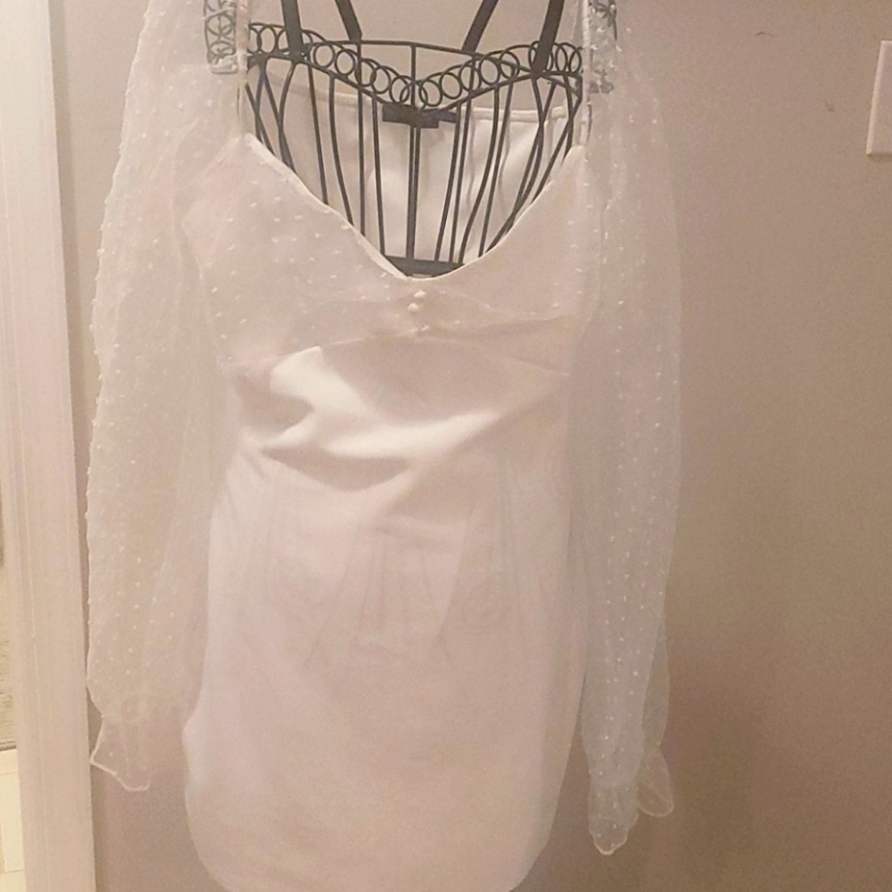 PLT white stretch minidress w/ sheer chiffon sleev